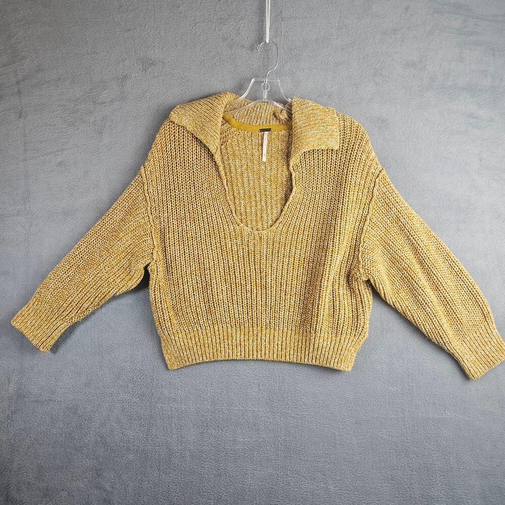 Free People Cropped Mustard Yellow Love This City V Neck Chunky Sweater Top XS